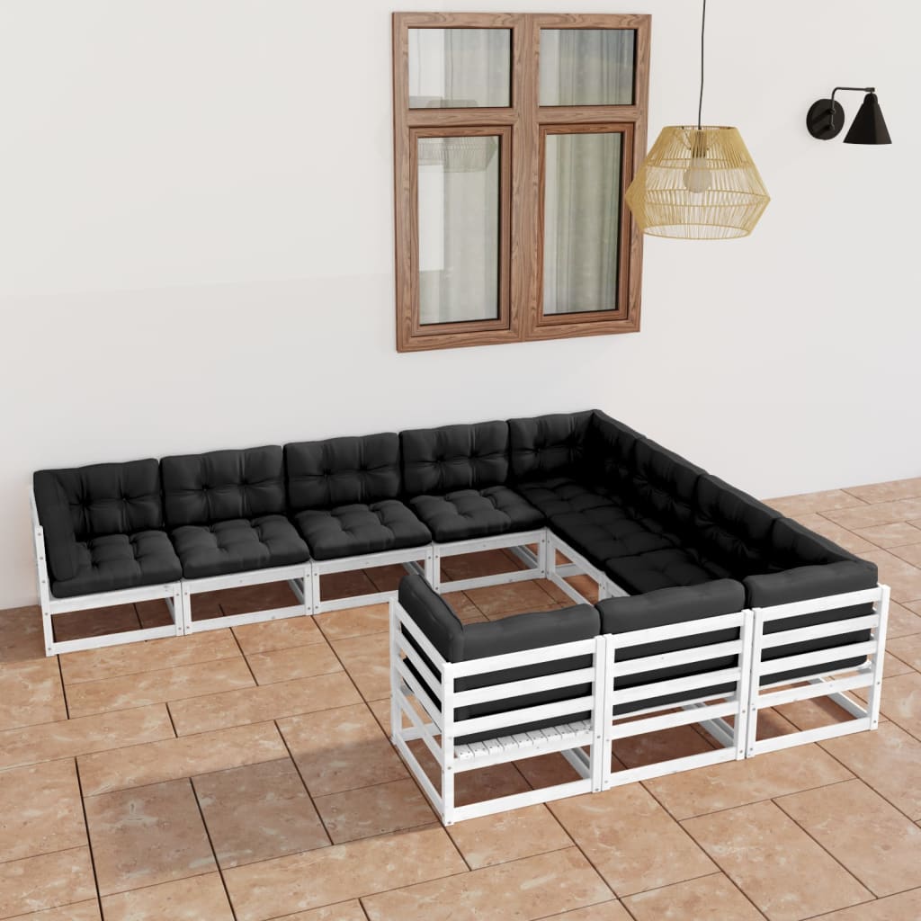 10-tlg. Garten-Lounge-Set mit Kissen Weiss Kiefer Massivholz